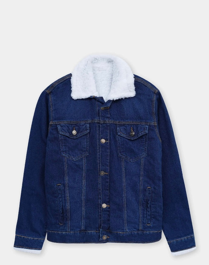 Fur Collar Sherpaa Inside Warm Denim Jacket in Dark Blue For Men